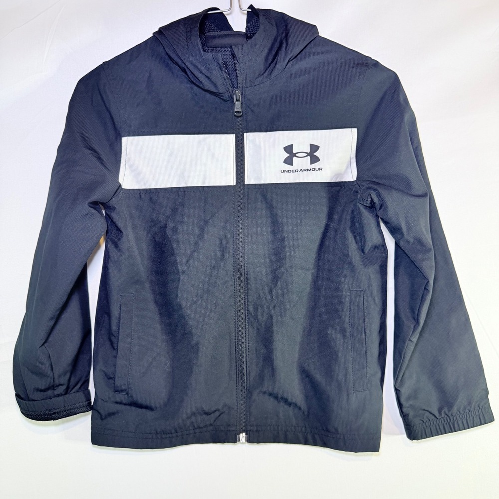 Under Armour Boys Navy Blue White Stripe Hooded Windbreaker Jacket Size YS Small